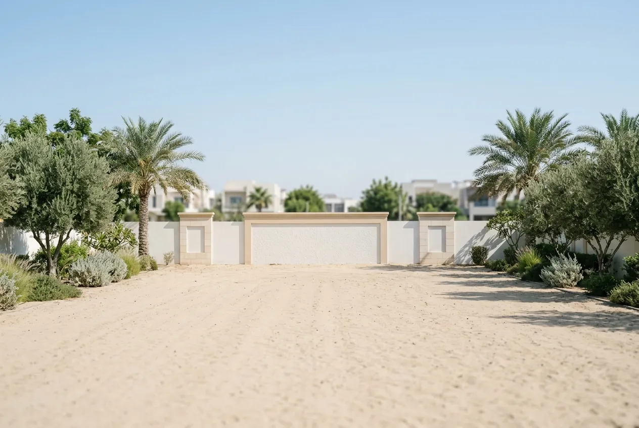 A cleared, sandy residential plot bordered by a white boundary wall, palm trees, and desert landscaping