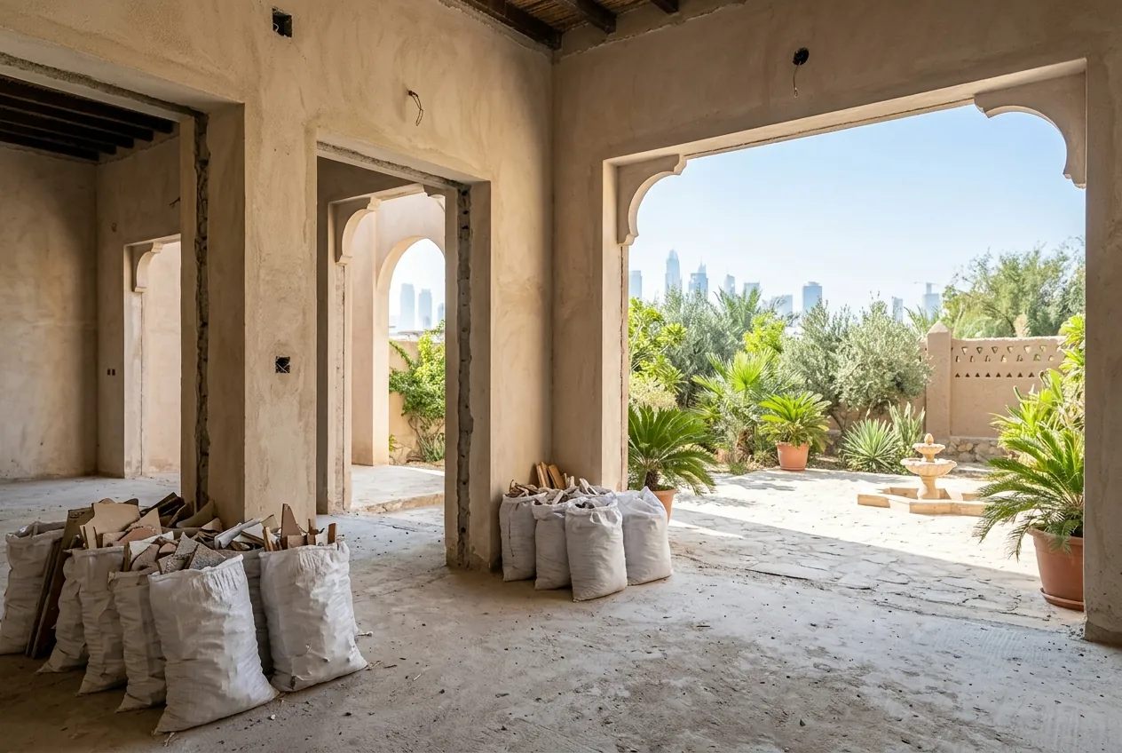 Stripped interior of a villa under renovation with bags of rubble and an open view to a sunny courtyard garden