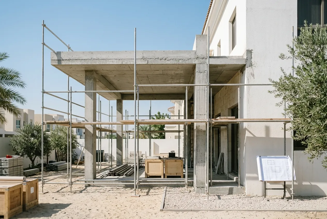 A concrete villa extension with columns, a newly cast roof slab, and metal scaffolding in a residential backyard