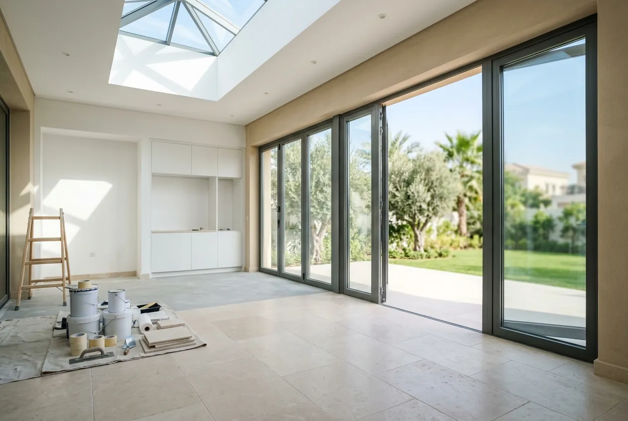Sunlit villa room under renovation with a skylight and large glass doors opening onto a lush garden