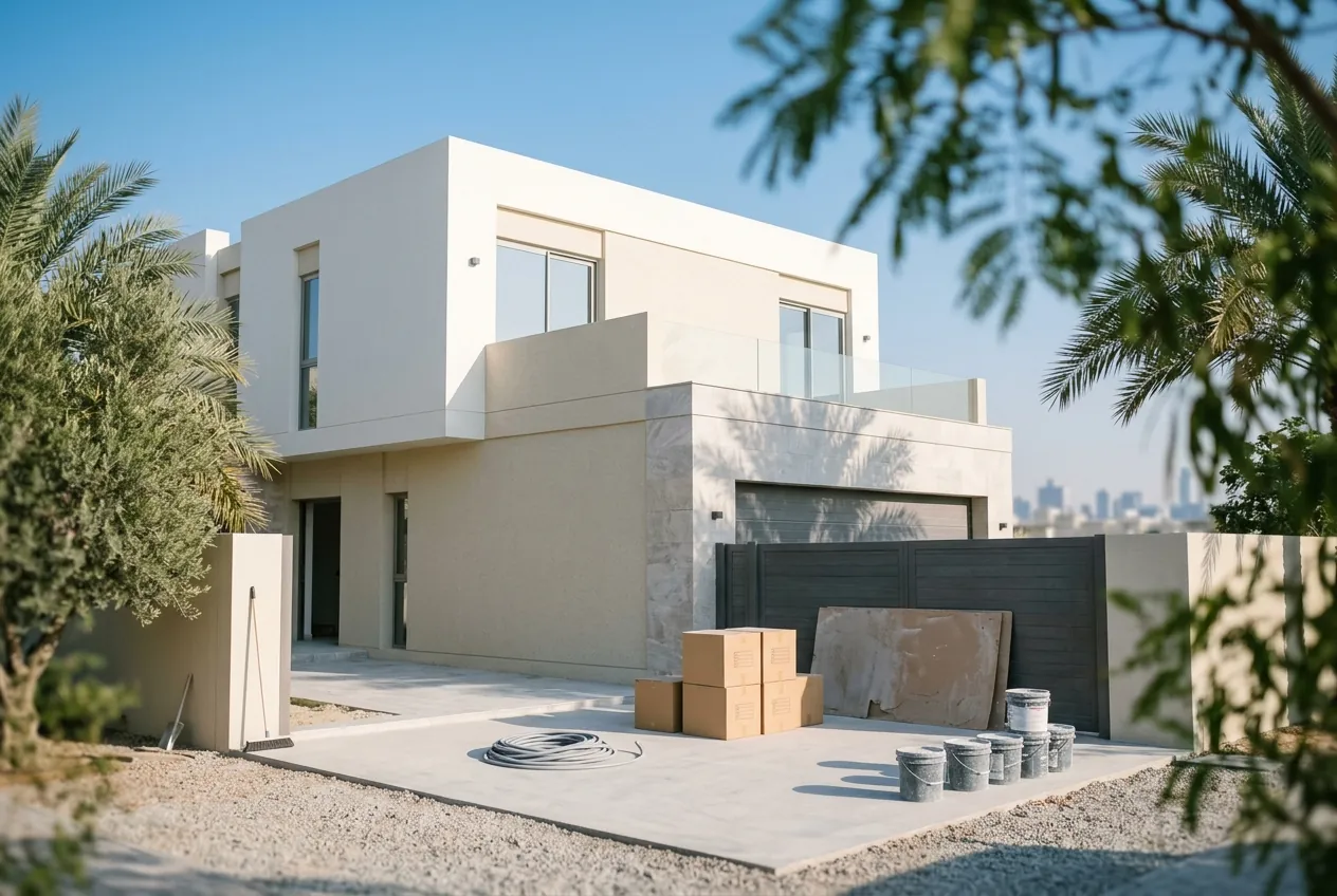 Modern two-story villa with paint cans, cardboard boxes, and building materials sitting on a concrete driveway