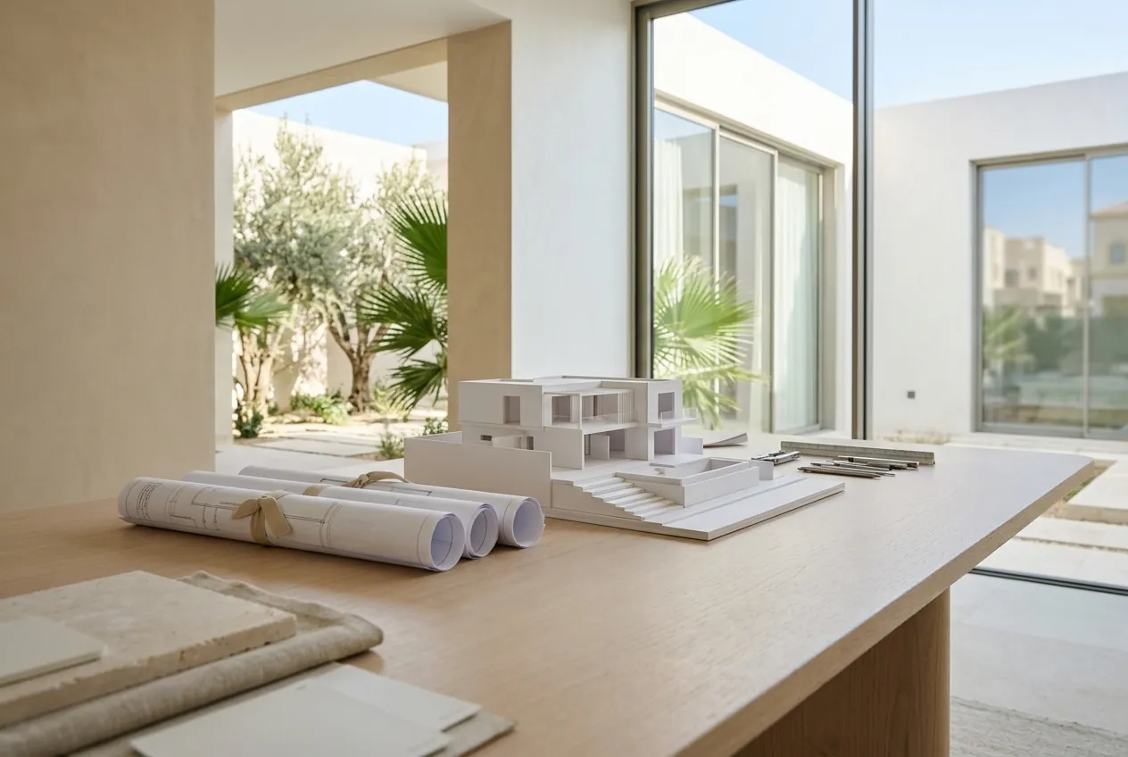 Rolled blueprints, material samples, and an architectural scale model of a villa placed on a wooden desk