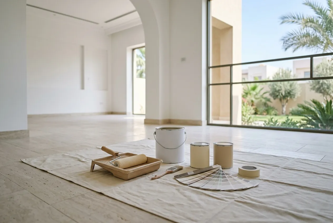 Paint cans, a roller, tray, brush, tape, and color swatches rest on a drop cloth inside a bright, empty room