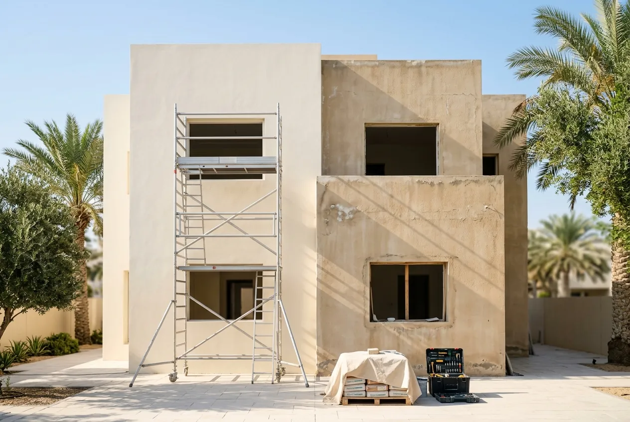 A modern two-story villa facade partially repainted, with a scaffold tower and tools set up in the sunny courtyard