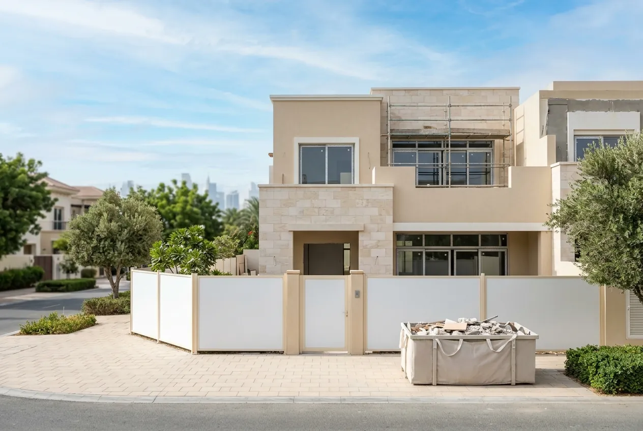 A two-story villa under renovation with temporary white fencing and a debris skip bag parked outside