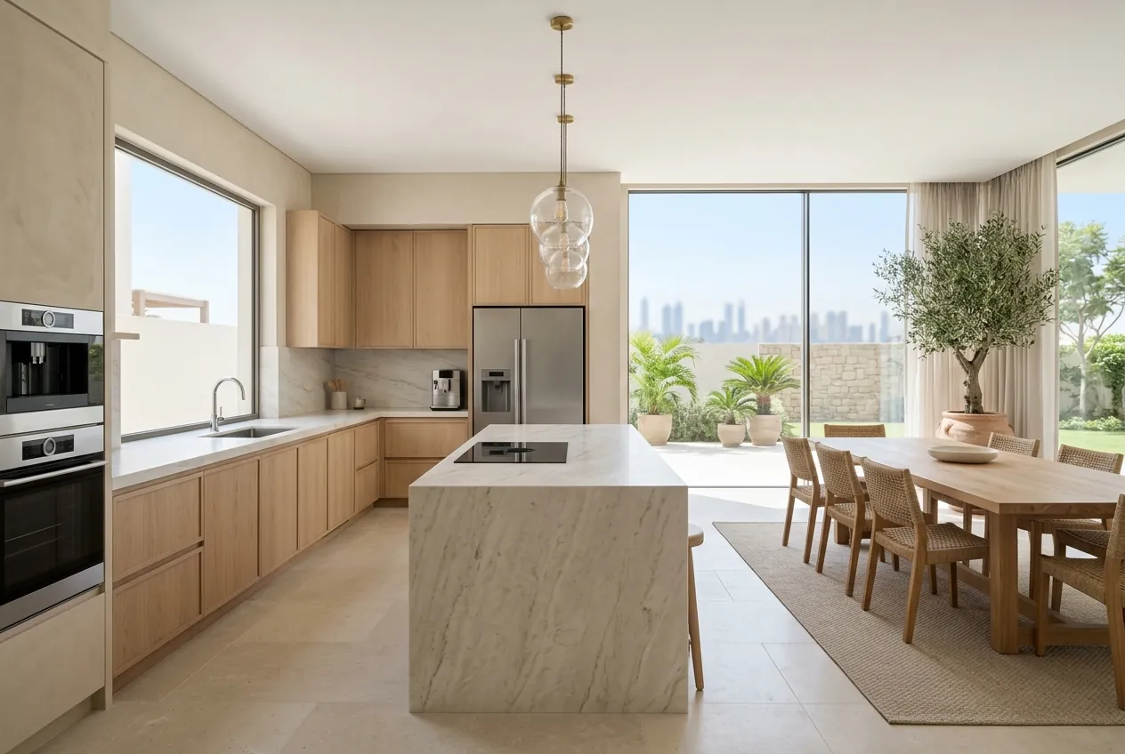 Modern open-plan kitchen and dining area with wooden cabinetry, a marble island, and patio doors to the garden