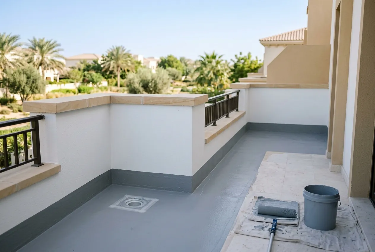 A villa balcony undergoing grey waterproofing with paint equipment and a sealed drain visible