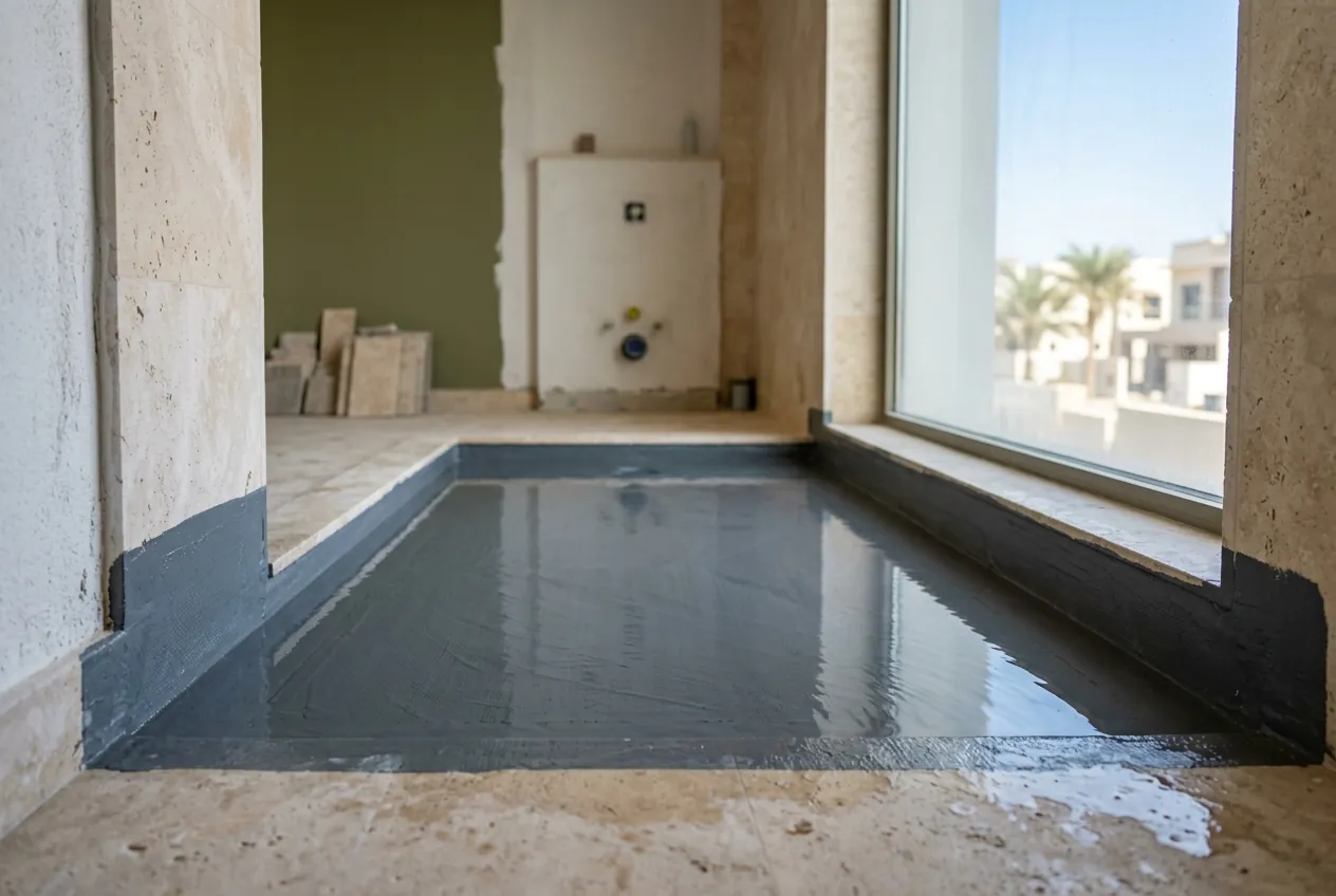 A shallow layer of water fills a waterproofed shower tray during a leak test in an unfinished bathroom