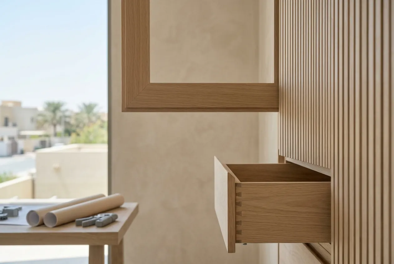 A close-up of custom oak cabinetry featuring a dovetailed drawer, fluted paneling, and an open cabinet door