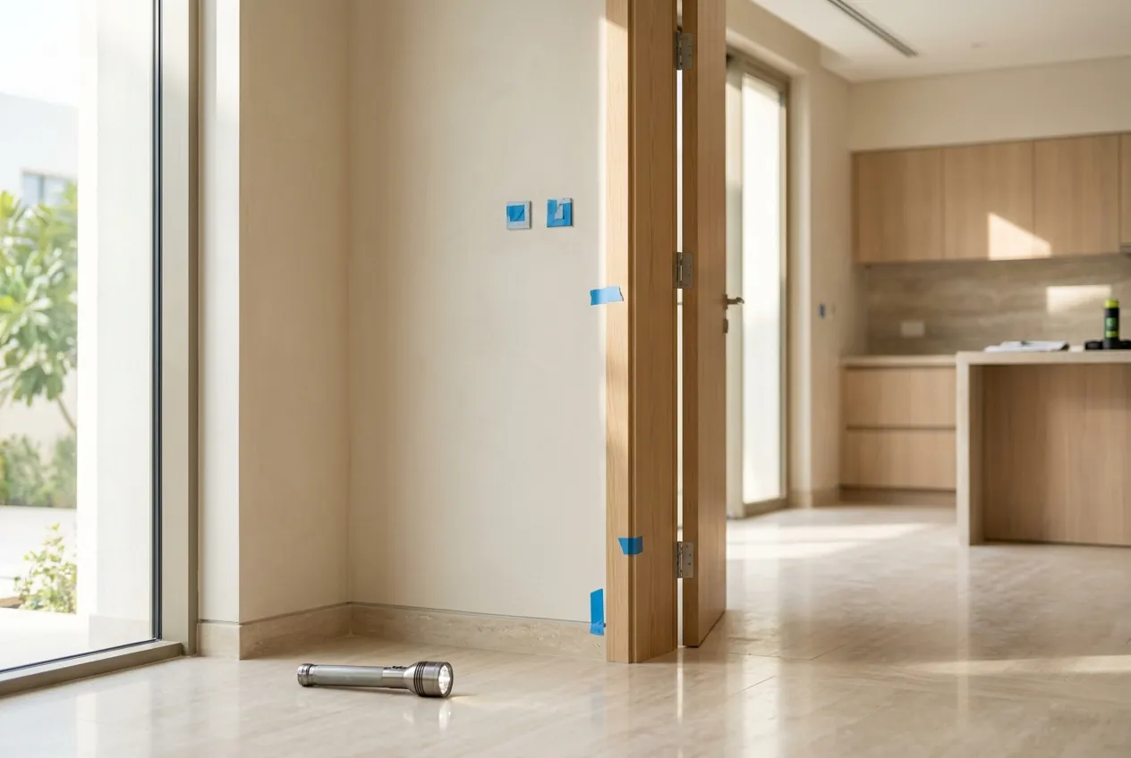 A modern interior room with blue tape marking snagging defects on the wall and door frame, beside a torch on the floor