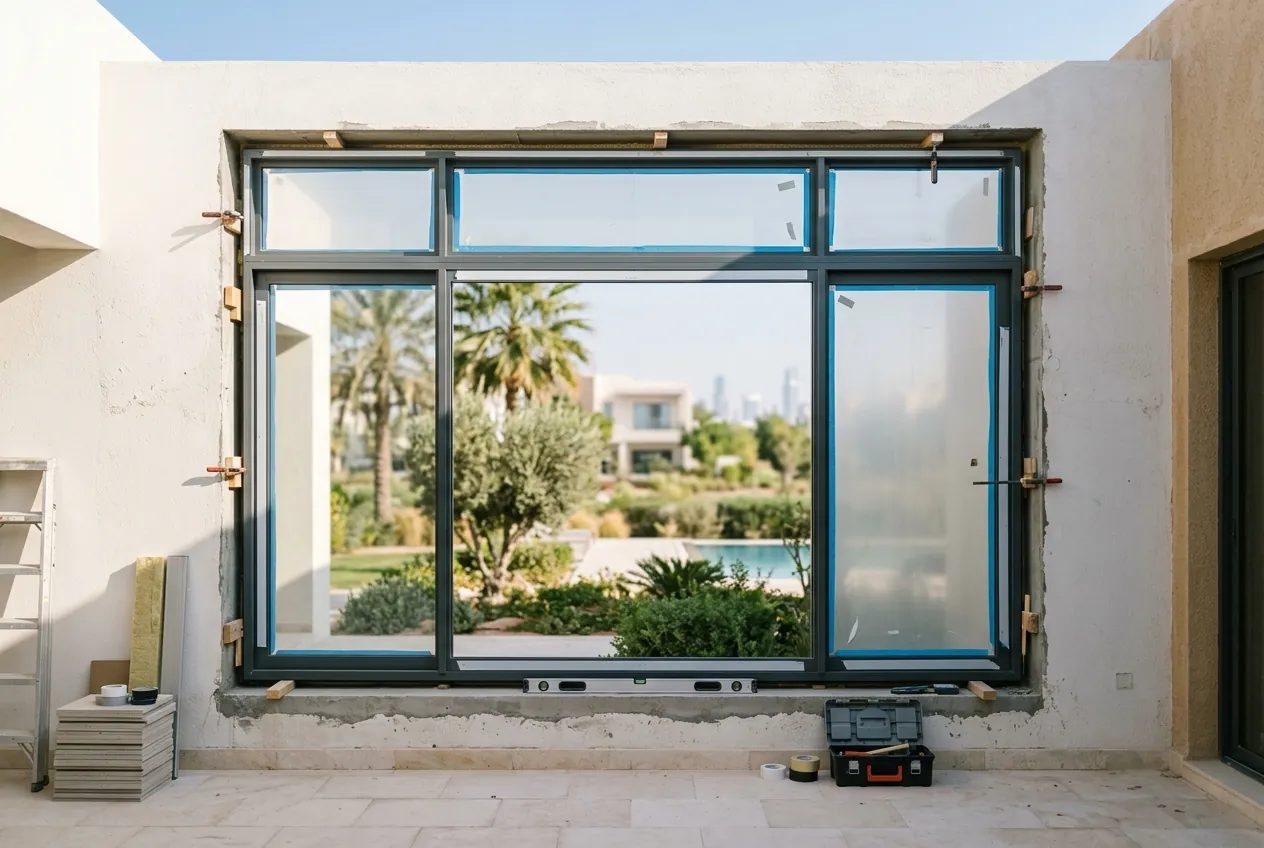 A large aluminium window frame is installed in a villa wall opening, overlooking a garden and pool