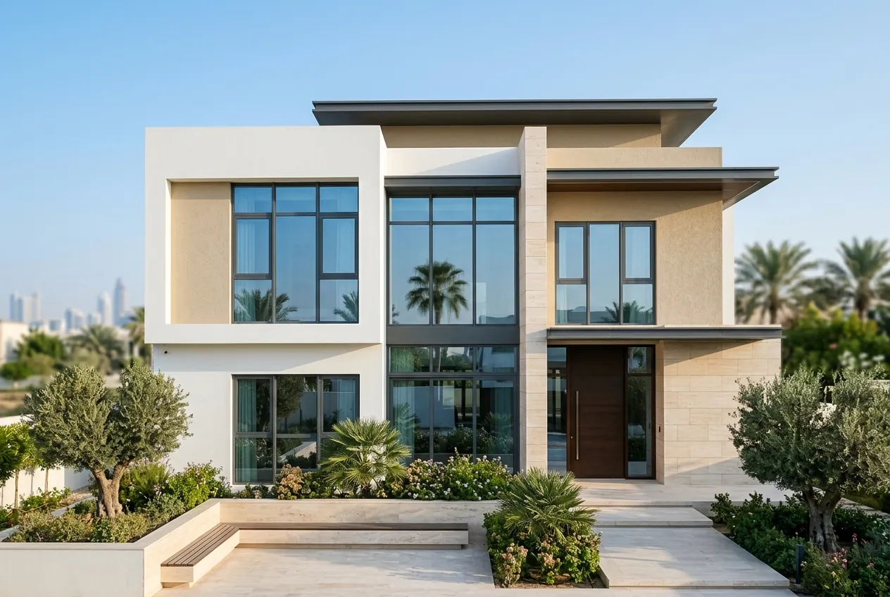 Modern two-story villa facade with large tinted glass windows, stone walls, and front garden landscaping